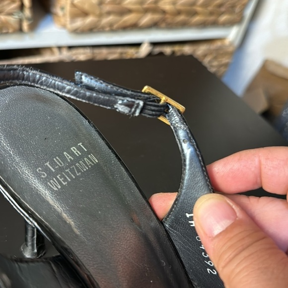 Stuart Weitzman snake skin‎ black patent leather peep toe heels pumps Size 8 - Picture 10 of 12